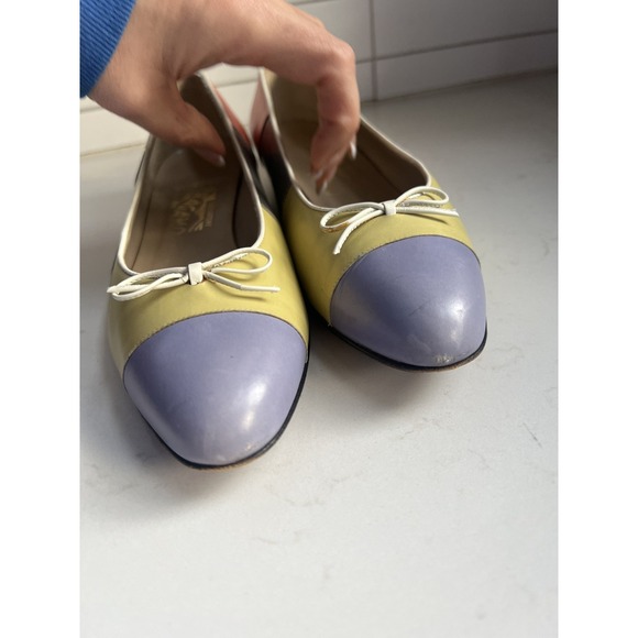 Ferragamo Multicolored Purple Green Gray Red Color Block Bow Ballet Flats WM 7.5 - Picture 5 of 10